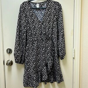 Black and white printed wrap style dress